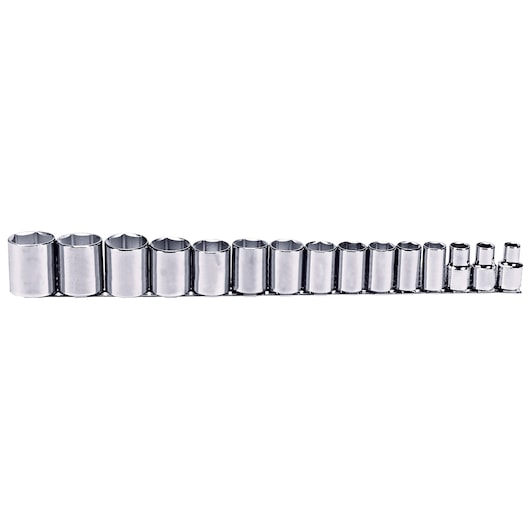 PROTO J54110 chrome socket set, 16-piece, arranged on rail, front angle, white background.