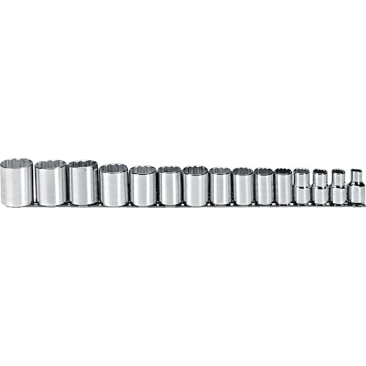 PROTO J54114 chrome socket set with multiple sizes on rail, front angle, white background.