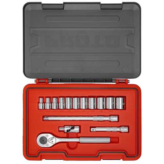 PROTO J54115S socket wrench set with ratchet, sockets, and extensions in a red hard case, top-down view.
