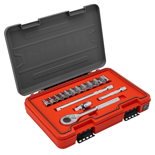 PROTO J54115S socket wrench set in open red and grey hard case, photography, angled on white background.