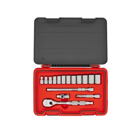 PROTO J54116AS socket wrench set with ratchet, sockets, and accessories in red and black case, top view.