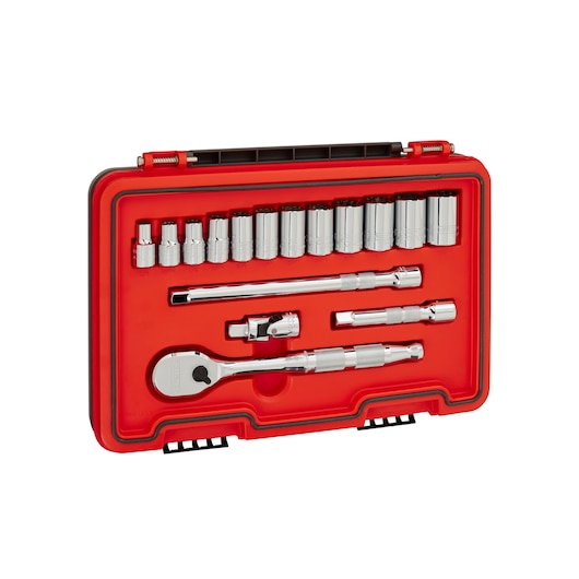 PROTO J54116AS socket and ratchet set in a red case, with multiple sockets and extensions, photographed from above.