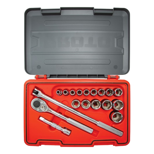 PROTO J54118S socket wrench set with ratchet, extension bar, and sockets in red case, top-down angle.