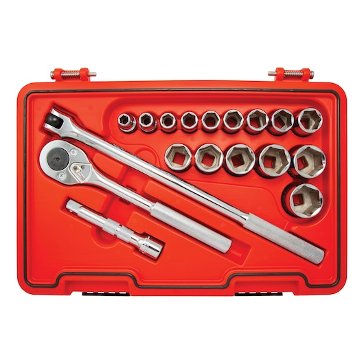 PROTO J54118S socket wrench set with chrome sockets, ratchet, and extension bar in red case, top view.