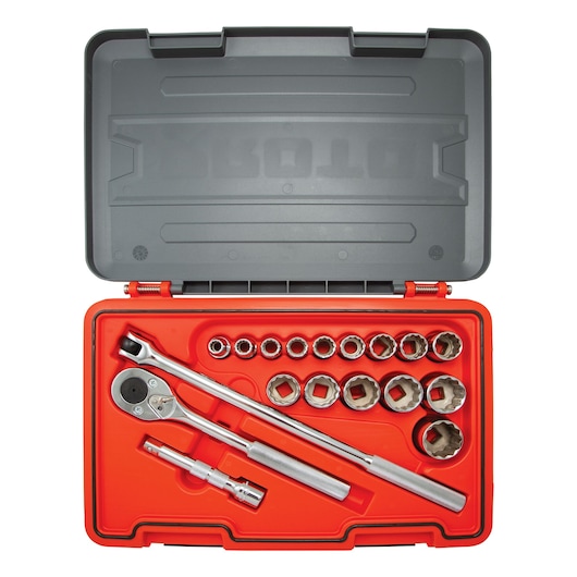 PROTO J54118T socket wrench set with sockets and extensions in a red and black hard case, top view.