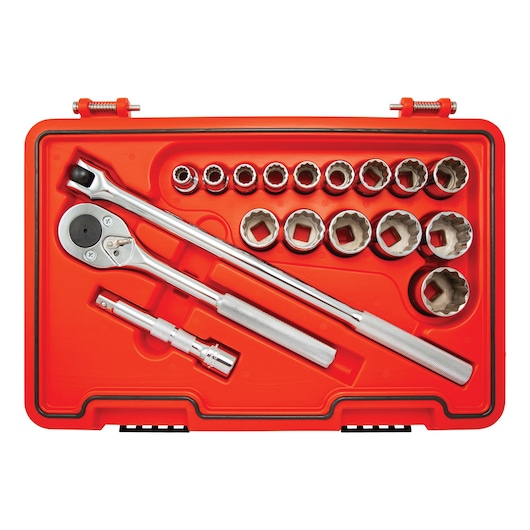 PROTO J54118T socket wrench set with chrome sockets and handles in a red case, top-down view.