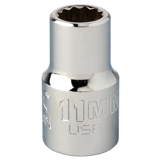 PROTO J5411MN chrome 11mm socket, close-up on white background, hex interior visible.
