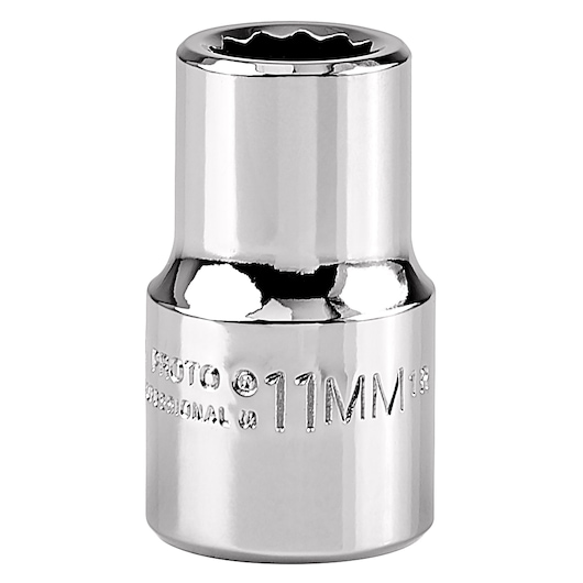 PROTO J5411M 11mm chrome socket, front angle on white background, tool accessory for ratchets.
