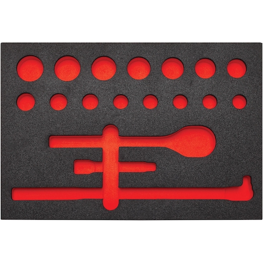 PROTO J54120F tool foam tray photography, black and red insert with cutouts for tools, top view.