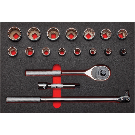 PROTO J54120K socket wrench set with ratchet and extension bars, top view photography on white background.