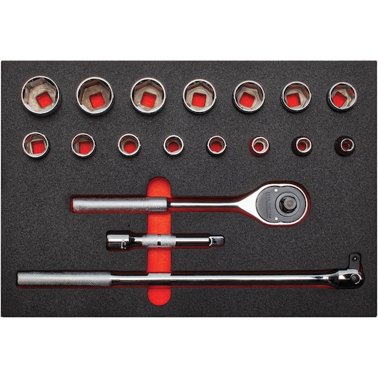 PROTO J54122K ratchet and socket set with extension bars, top angle, sockets arranged in foam tray.