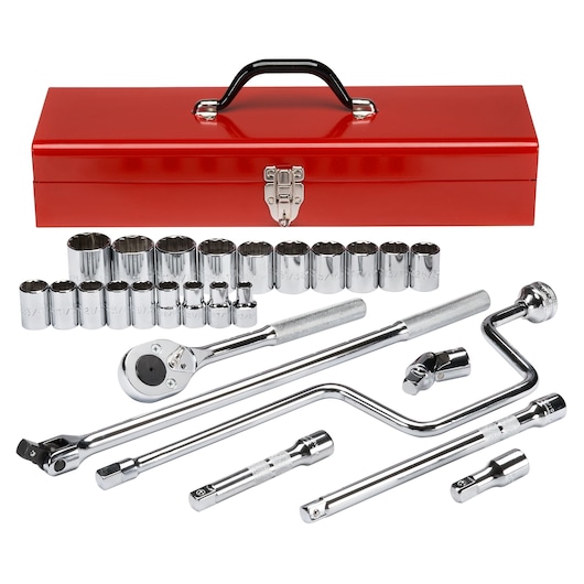 PROTO J54124 socket wrench set with chrome sockets, accessories, and red metal toolbox, front angle on white.