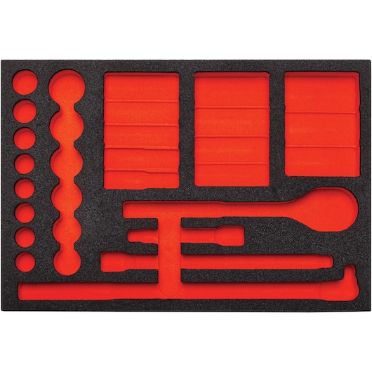 PROTO J54126F tool organizer foam insert, black and red, top view, with cutouts for wrench and sockets.