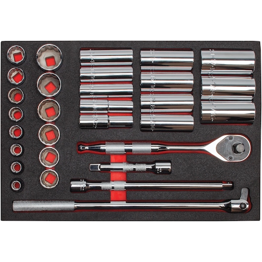 PROTO J54126HTCK chrome socket and ratchet set in foam tray, top view, photography of hand tool kit.
