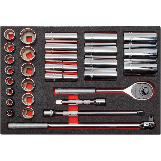 PROTO J54126K socket and ratchet set photography, top view, chrome tools in foam tray.