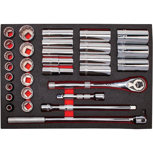 PROTO J54126XLK chrome socket and ratchet set tray top view, various sizes and accessories.