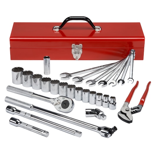 PROTO J54128 socket and wrench set with chrome tools, red metal toolbox, and pliers, front angle on white background.