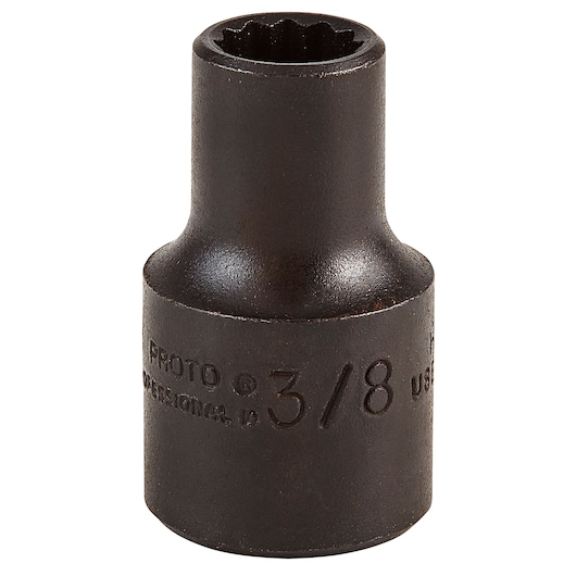 PROTO J5412B black 3/8 inch drive 12-point impact socket, photography, front angle on white background.