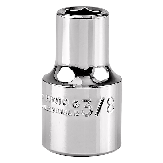 PROTO J5412H chrome 3/8 inch drive socket, hex, shown upright on white background.
