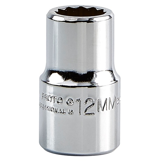 PROTO J5412M 12mm chrome socket, cylindrical shape, engraved label, photography, front angle, white background.
