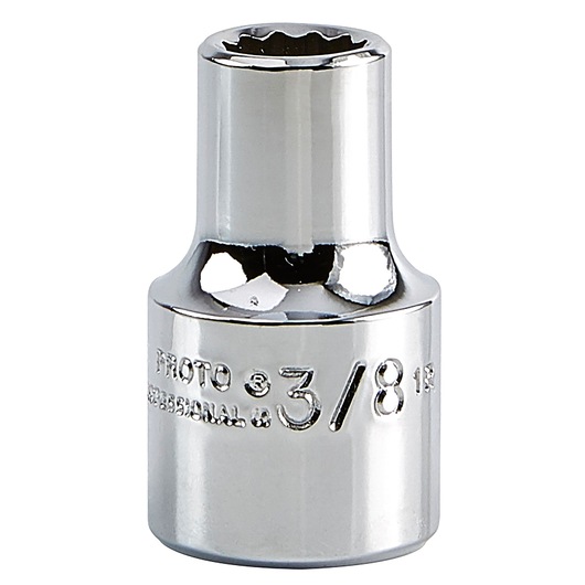 Photo of PROTO J5412 chrome socket, 3/8 inch, front angle, shiny metallic finish.