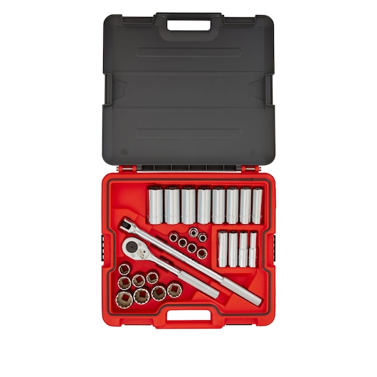 PROTO J54130T socket set with ratchet and extension bar in red and black hard case, top-down view.
