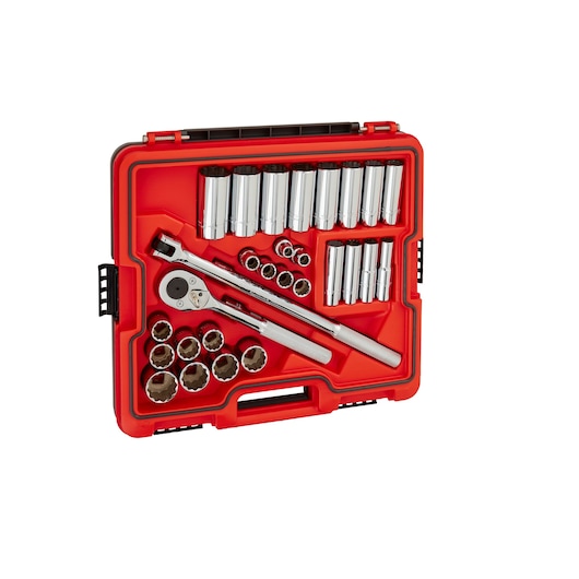 PROTO J54130T socket set with ratchet and chrome sockets in red carrying case, top view, white background.
