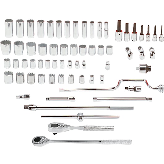 PROTO J54132 socket and ratchet tool set, assorted sizes and types, flat front angle, photography on white background.