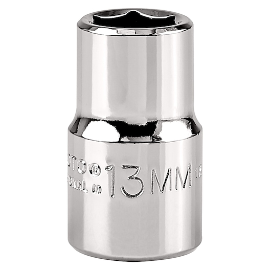 PROTO J5413MH chrome 13mm socket, hex shape, close-up on white background, socket wrench accessory.