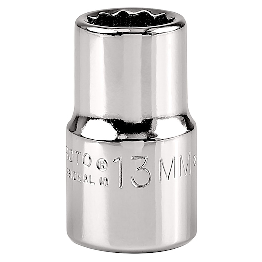 PROTO J5413M 13mm chrome socket, six-point design, standard length, front angle on white background.