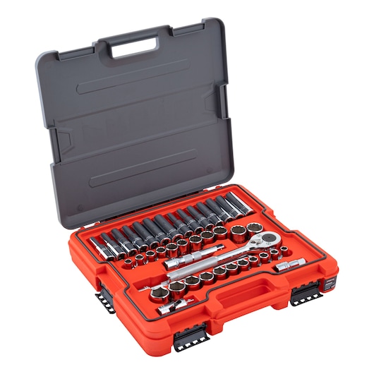 PROTO J54141ST socket set with ratchet and accessories in a red hard case, photographed at an angle on white background.