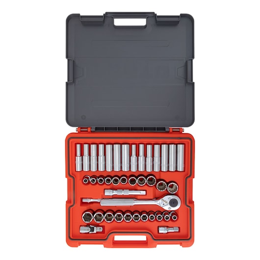 PROTO J54141ST socket set with ratchet and accessories in red case, top view on white background.