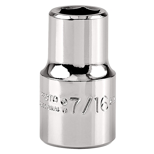 PROTO J5414H chrome socket, 7/16 inch size, standard length, photographed upright on white background.