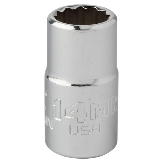 Photo of PROTO 14mm chrome socket, SKU J5414MN, upright on white background, twelve-point interior design.