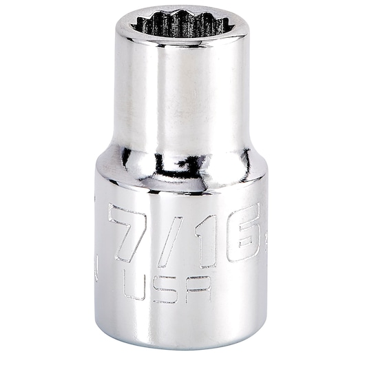 Photo of PROTO J5414N chrome 7/16 inch socket, 12-point design, shown upright on white background.