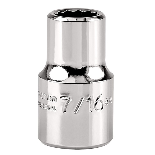 PROTO J5414 chrome 7/16 inch socket, photo front angle on white background.