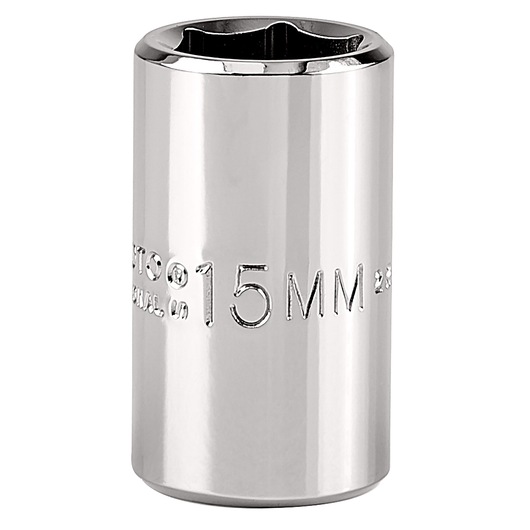 PROTO J5415MH chrome 15mm socket, front angle, white background, tool photography.