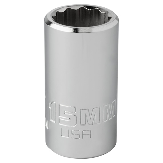 PROTO J5415MN chrome 15mm socket, front angle, embossed size marking, white background.
