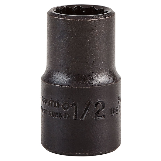 PROTO J5416B black impact socket, 1/2 inch size, photo on white background, tool accessory.