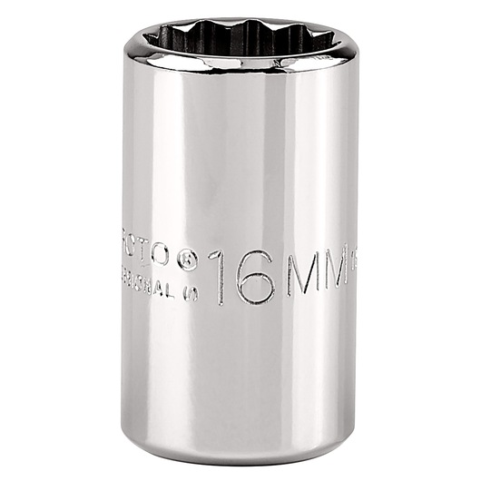 PROTO J5416M chrome 16mm socket, cylindrical, twelve-point, close-up, white background.