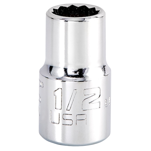 PROTO J5416N chrome finish socket, 12-point, 1/2 inch size, photography, front angle on white background.