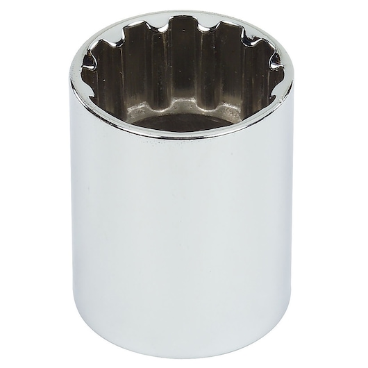 Photo of PROTO J5416SPL chrome 12-point deep socket, shown upright on white background.