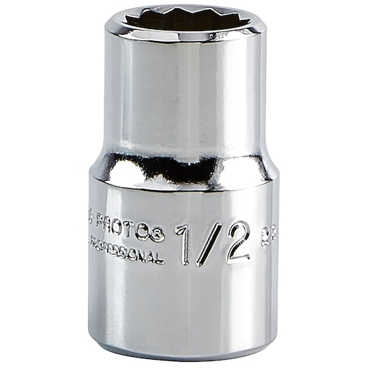 PROTO J5416 chrome socket, 1/2 inch, twelve-point design, shown upright on white background.