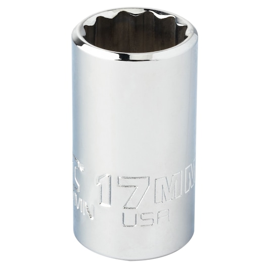 Photo of PROTO J5417MN chrome 17mm socket standing upright, product photography on white background.
