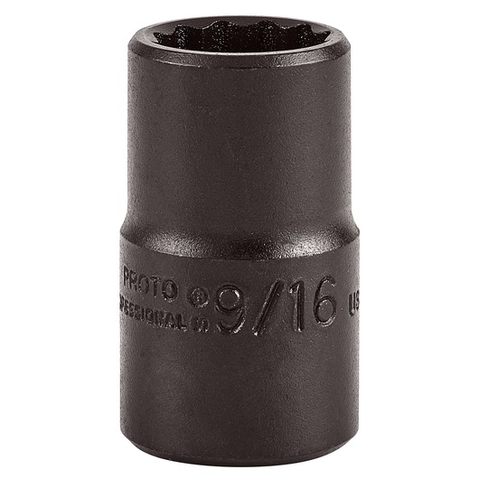 PROTO J5418B 9/16 inch black impact socket, front angle on white background.
