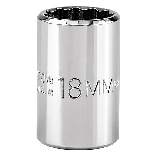 PROTO J5418M chrome 18mm socket, front angle on white background.