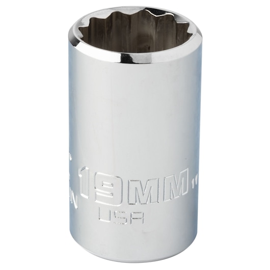 PROTO J5419MN chrome 19mm socket, cylindrical shape, white background, product photography