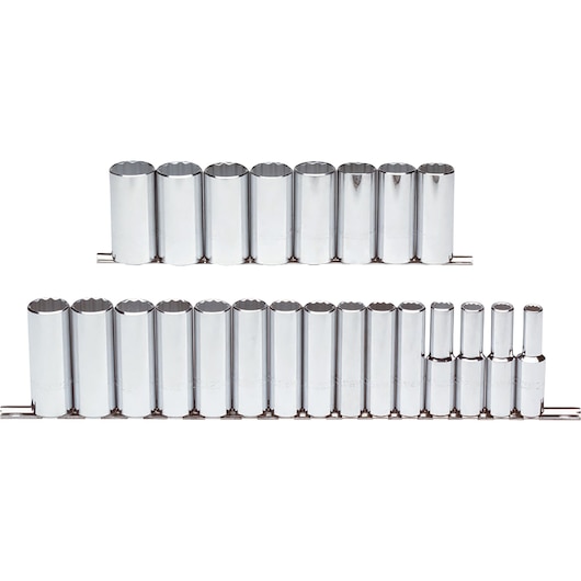 PROTO J54201 chrome socket set with two rails, shown from front angle on white background.