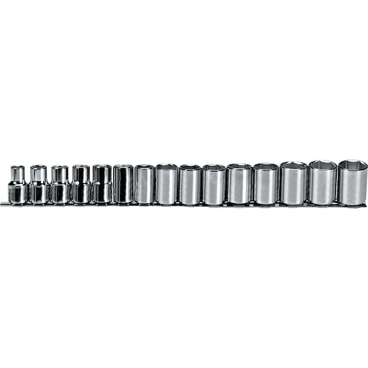 PROTO J54205 chrome socket set with holder, showing 16 sockets in a row, front angle on white background.