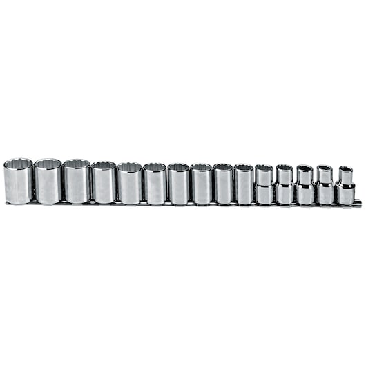 PROTO J54206 chrome socket set with multiple sizes, front angle, white background.